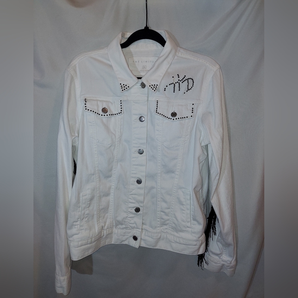 The Limited White Denim Jacket with Studded Details, Black Fringe, & Cross Patch